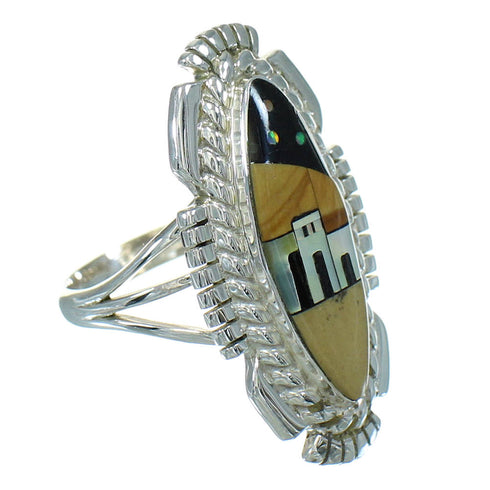 Multicolor Inlay Silver Native American Village Design Ring Size 8-3/4 AX79227